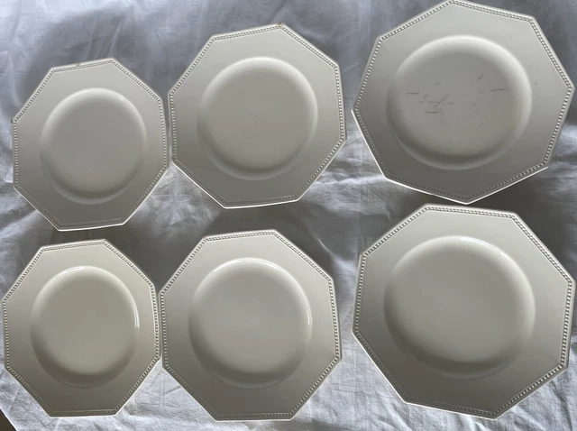6 Assiettes Plates En Faience De Sarreguemines Octogonales Ivoire Perles