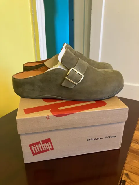 FitFlop SHUV  Buckle-Strap Nubuck Clogs - color mossy size 10