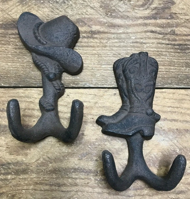 western 2 Coat Hooks Hat Wall rustic cast iron hanger Barn Cowboy Lodge Hat Boot