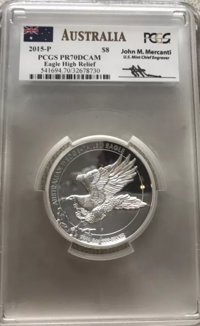 2015 Australia Pr70 Pcgs Wedged Tailed Silver Eagle Dcam High Relief Mercant