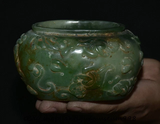 4.4" Old Chinese Green Jade Carving Dynasty Pi Xiu Beast Jar Pot Statue