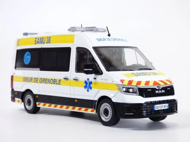Miniature Ambulance SAMU 38 MAN TGE L2H2 - GIFA, CHU Grenoble, échelle 1/43 Odeon