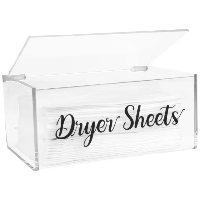 ZUHSAN Dryer Sheet Holder With 30 Waterproof Labels, Acrylic Made Tissue Box Holder With Black Bamboo Lid, Acrylic Container Storage Box For Laundry Room Organization, Holds Sheets, Balls (Black