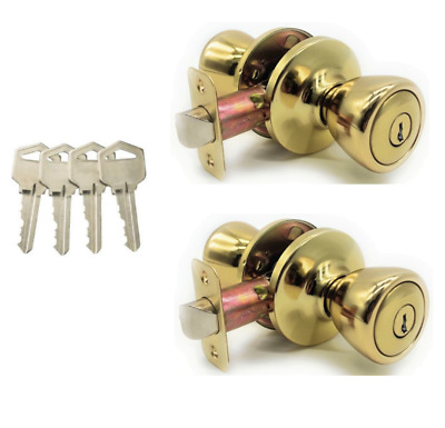 [2-PACK] Keyed Alike Entry Door Knob Lock Set, Polished Brass With 4 Keys