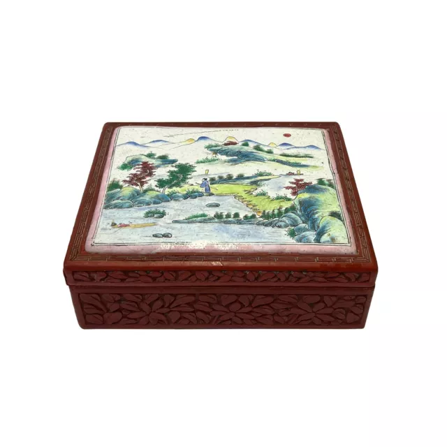 Vintage Chinese Red Resin Lacquer Rectangular Floral Carving Accent Box ws3010S Vintage Chinese Red Resin Lacquer Rectangular Floral Carving Accent Box ws3010S