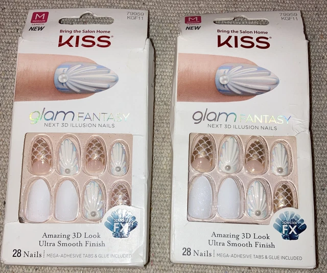 Paquetes de 2 Paquetes Kiss Press On Uñas Glam Fantasy Almendra Mediano 3D Caracol Sirena Playa