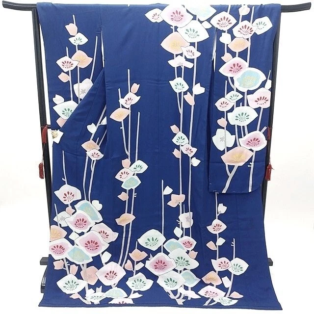 Furisode Kimono Robe L Silk Woman Wedding Dress Vintage Long Sleeve Blue  F/S