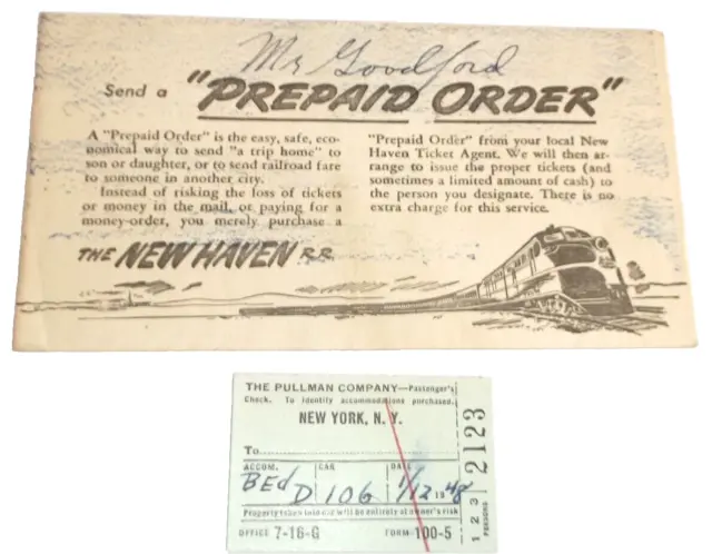 1948 New Haven Railroad Pullman Ticket New York To Boston And Prepaid Envelope