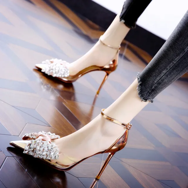 2023 Women's rhinestone bow high heels Buckle transparent stiletto shoes