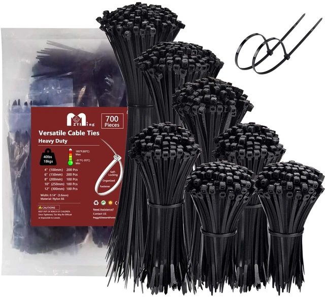 Zip Ties Assorted Sizes 700 Pack 4+6+8+10+12 Inch Cable Ties Heavy Duty 40lbs Pl