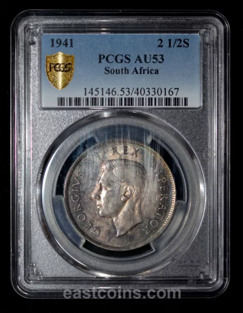 PCGS AU53 1941 South Africa George VI 2 1/2 Shillings  - nice toning