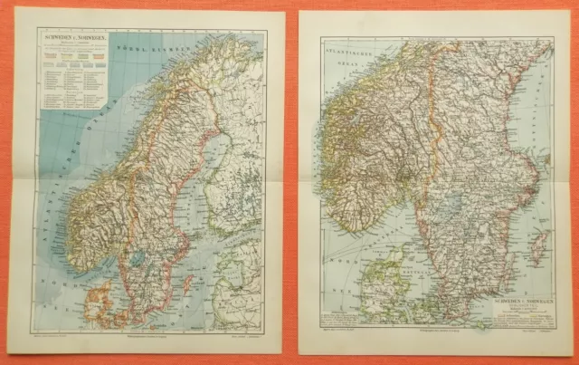 SCHWEDEN NORWEGEN Stockholm Göteborg Bergen Öland  Landkarte von 1909 2 Karten