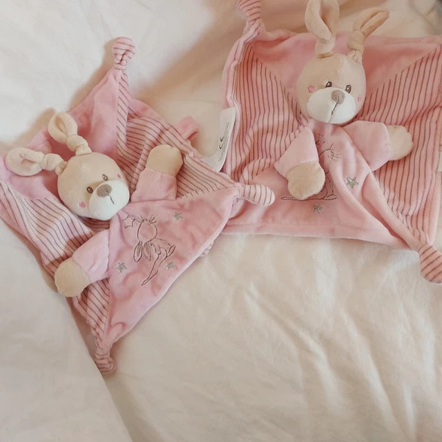 Doudou lapin plat rose SIMBA TOYS NICOTOY KIABI étoiles argent tétine TBE lot 2