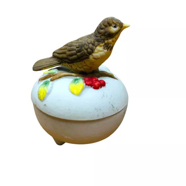 Vintage Bird On Round Trinket Box Bisque Ceramic Berries Hand-painted Sparrow