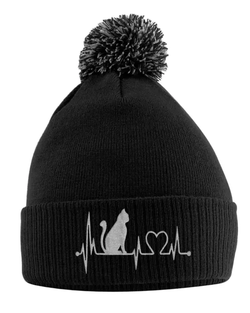 Cat Heartbeat Bobble Hat Gift Birthday Winter Beanie Idea Her Lover Present F...