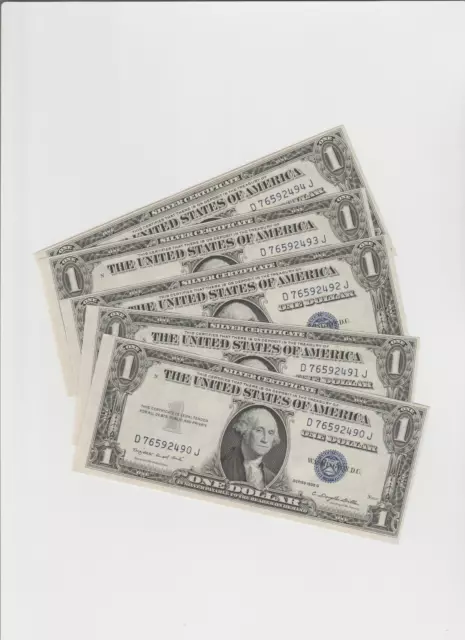 (5) Consecutive 1935-G $1 One Dollar Silver Certificates Uncirculated(With  Moto