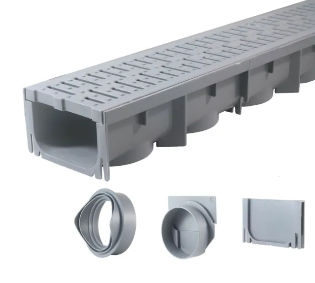 Drainage Trench, Channel Drain With Grate, Gray Plastic - 39" Long