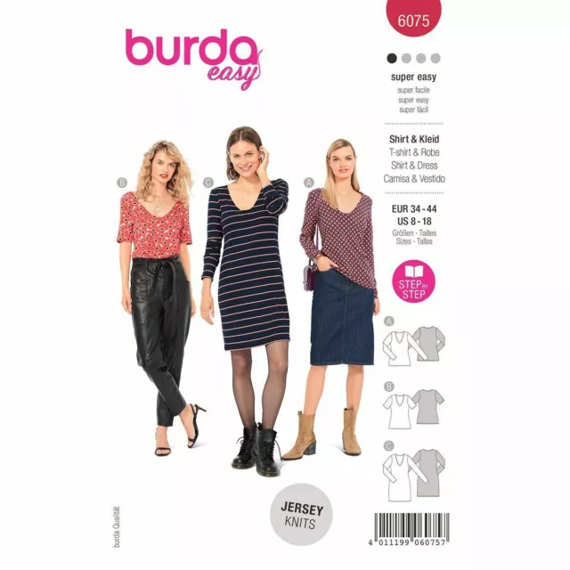 Burda 6075 Damen Kleid & T-Shirt Nähmuster Größen 8 - 18 Fähigkeit: Super