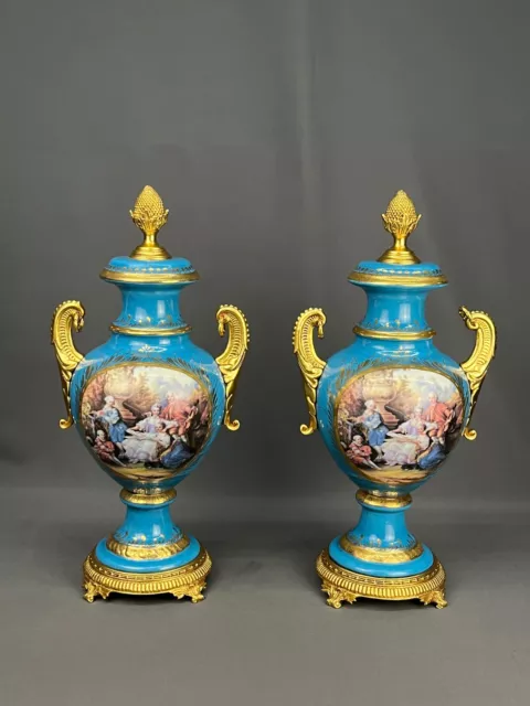 Pair of French Sèvres Style Bleu Celeste Hand Painted Porcelain 19" Mantle Urns