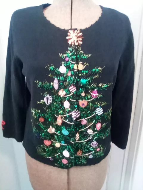 Vintage 2003 Michael Simon Event Christmas Tree Sweater Cardigan Sz Medium M EUC