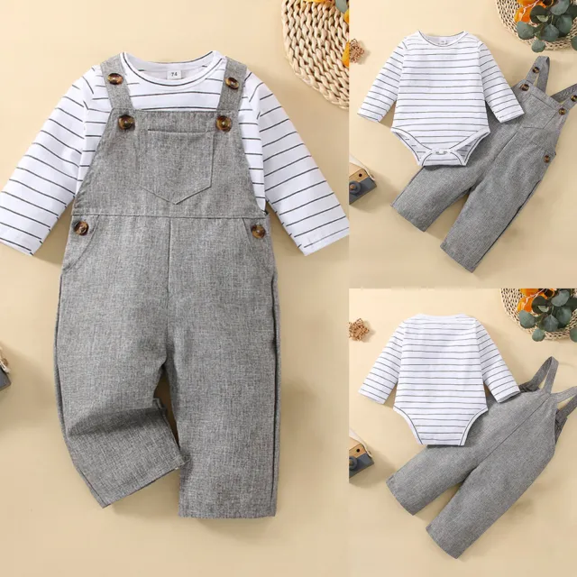 Baby Jungen Gestreifte Strampler Trägerhosen Set Bodysuit Latzhose Babykleidung