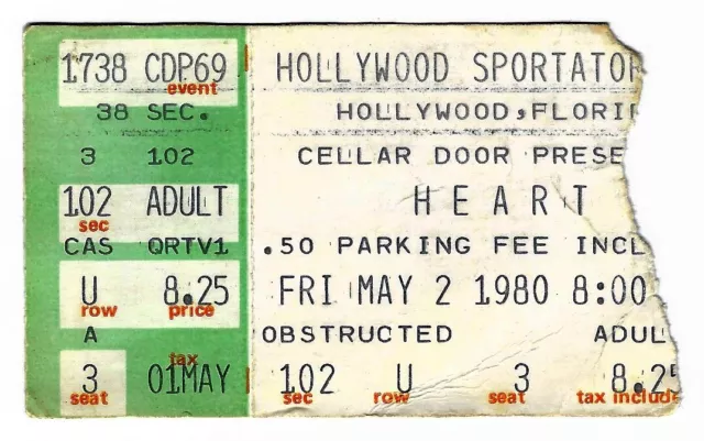 Heart 5/2/80 Hollywood FL Sportatorium Rare Ticket Stub