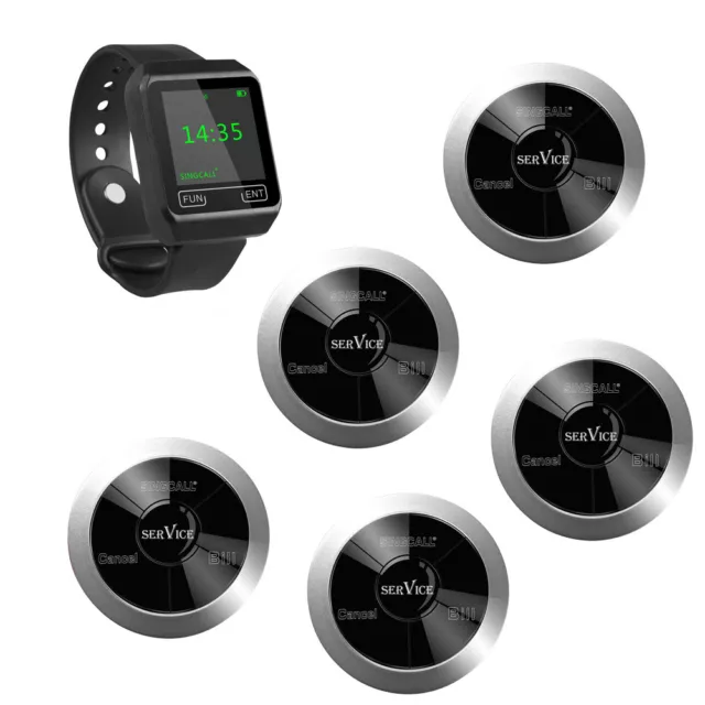 SINGCALL Wireless Restaurant Calling Waiter System 1 Watch, 5 Pagers for Hotel