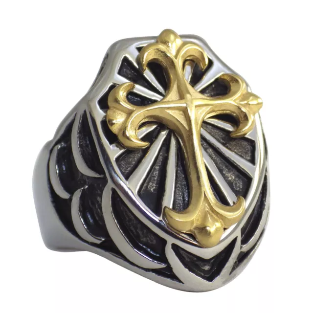 Mens Gold Cross Shield Ring Surgical Stainless Steel Costume Band Sizes 8-15 2