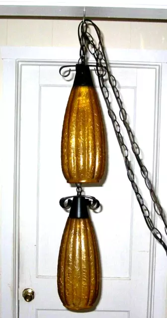 Vintage Gothic Pair Amber Crackle Glass Swag Light Fixture