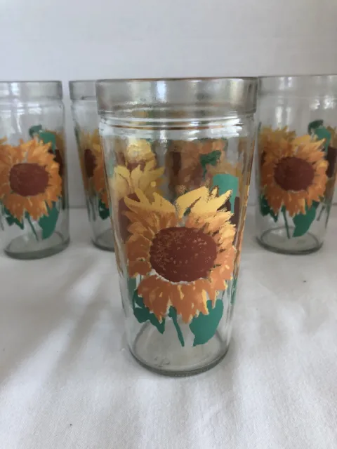 Anchor Hocking Sunflower Jelly Jar Top Rim Pattern Glass Tumblers-Set Of 5