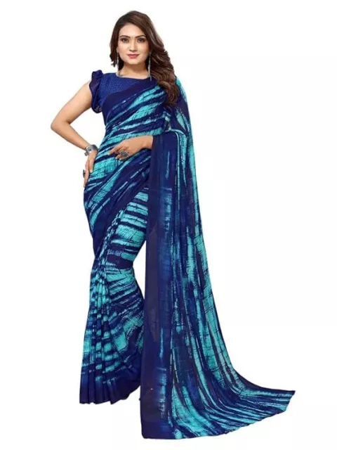 Women's Designer Georgette Printed Saree with Unstitched Blouse Piece, Blue