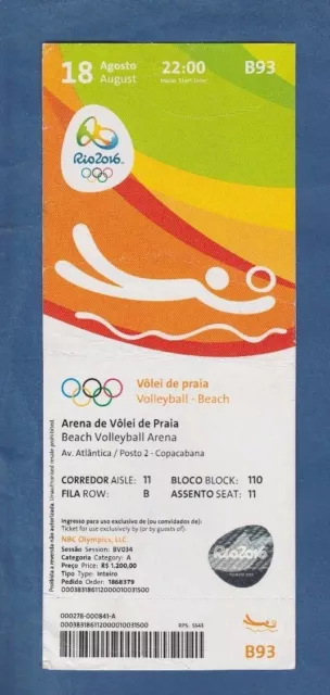 Orig.Ticket Olympische Spiele RIO DE JANEIRO 2016 Beach Volleyball FINALE Männer