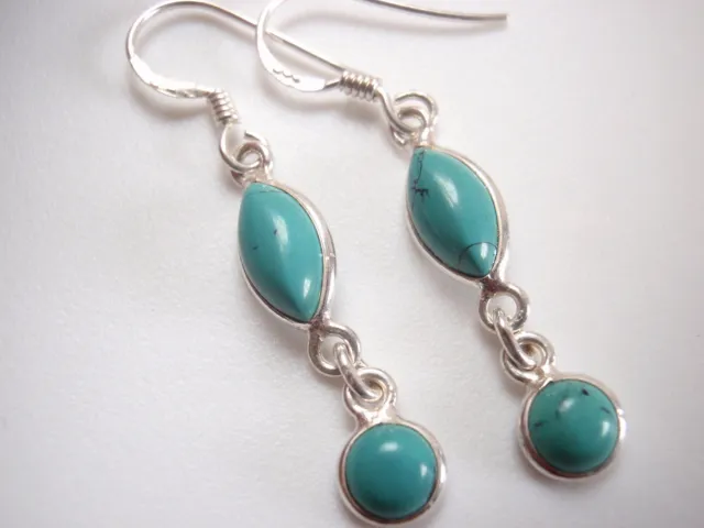 Simulated Turquoise 2-Gem Dangle 925 Sterling Silver Earrings