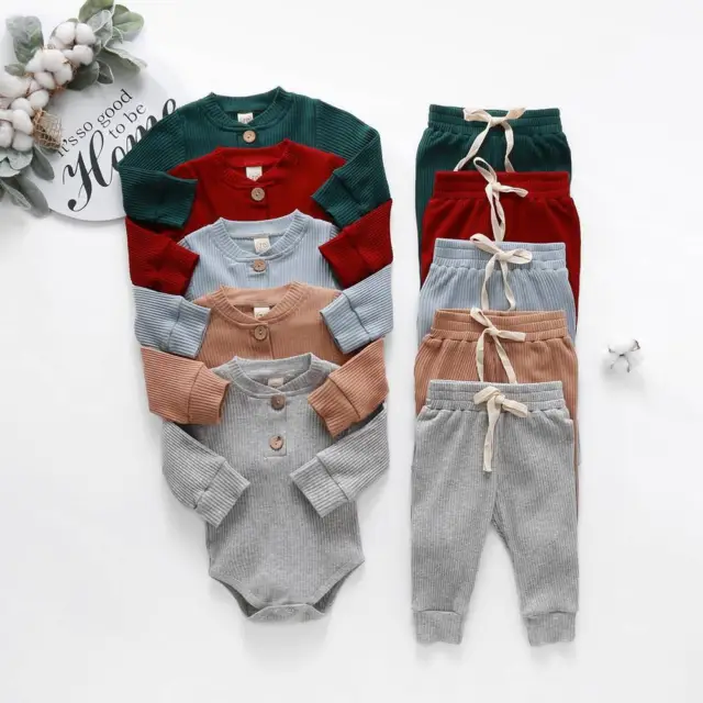 Newborn Baby Girls Boys Ribbed Long Sleeve Tops Pants Outfits Unisex Set Clothes