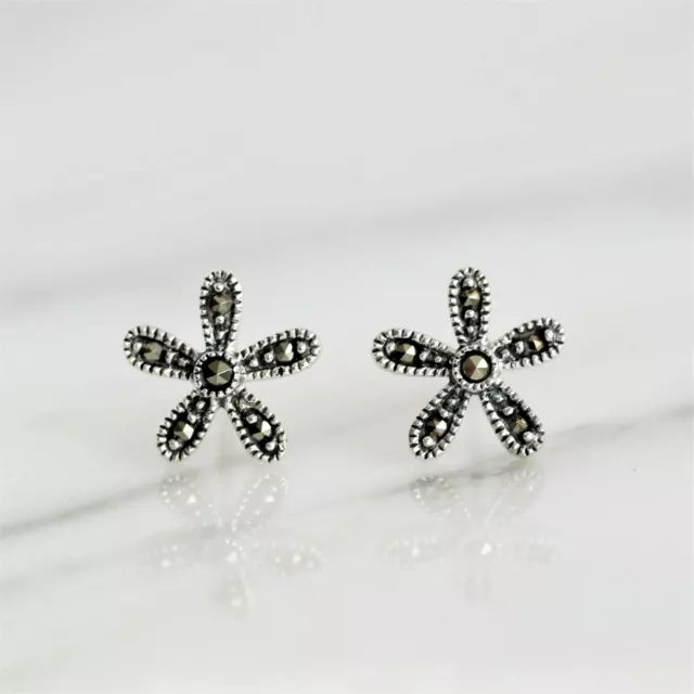 Genuine Sterling Silver 925 Marcasite Vintage Style 10mm Flower Stud Earrings