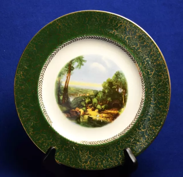 Vintage 50s Homer Laughlin Doré/Vert Bordure River Dam Scene Motif 8266 10 "