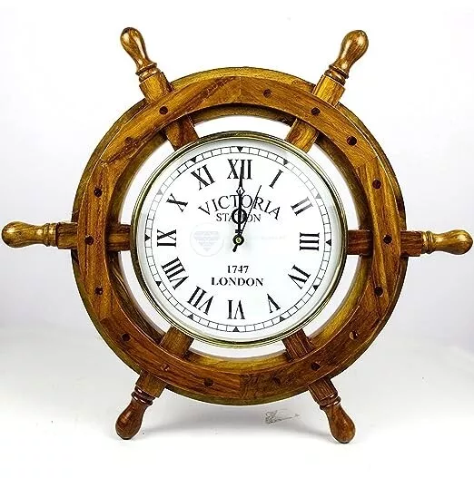 Beautiful Nautical Vintage Wall Hanging Wooden Wheel Stylish Clock (16 Inches)