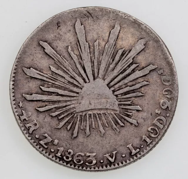 1863Zs VL Mexico 4 Reales Silver Coin in VF, KM 375.9