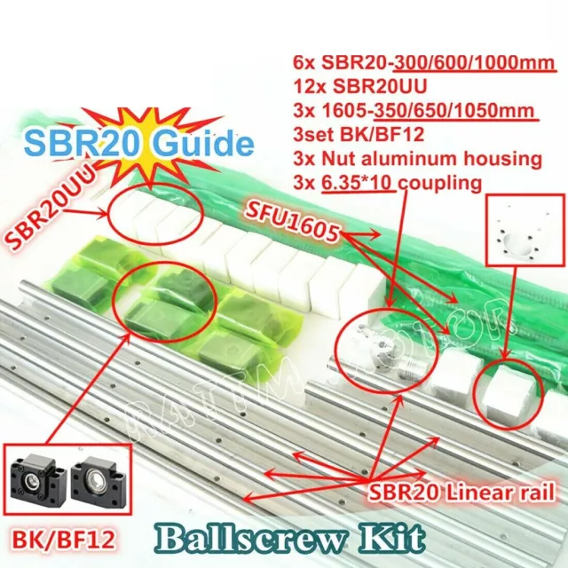 『EU』SBR20 Linear Guide Rail+3x Ballscrew SFU1605-C7-350/650/1050mm+BK/BF12+Block