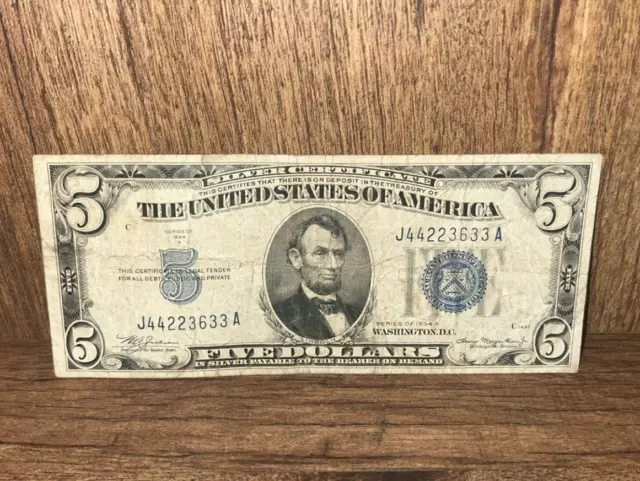 1934-A Five Dollar Bill $5 Blue Seal Silver Certificate - Old U.S. Currency