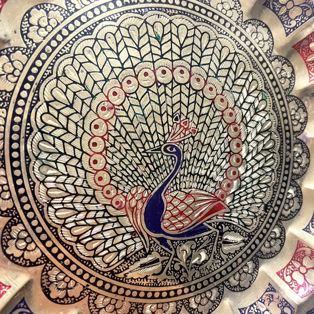 Vintage Etched Brass Red Blue Peacock Estate Decorative Plate Wall Hanging 11"
