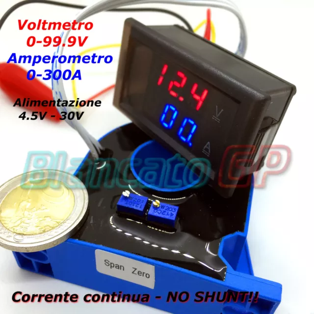 2IN1 DC AMPEROMETRO 0-300A CON SENSORE HALL VOLTMETRO 0-100V da pannello ammeter