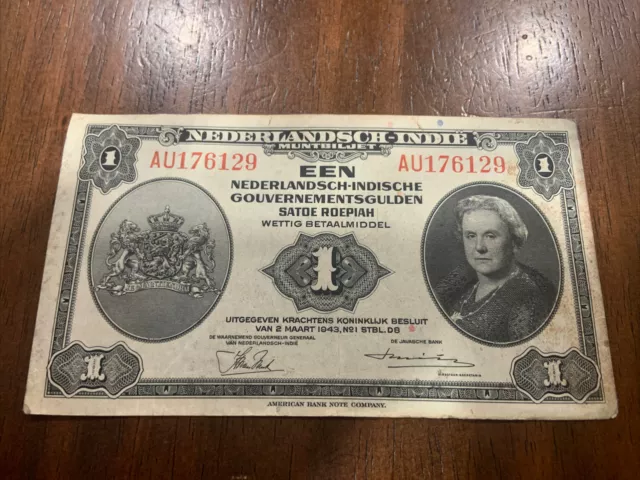 1943 Nederland/Netherlands Indie note/paper money. 1 Gulden. VF. Free Shipping