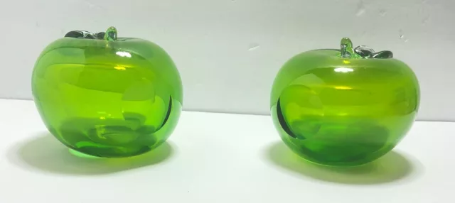 Murano  Barbini Large Green Apple Uranium Glass Bookends/Paperweights Heavy