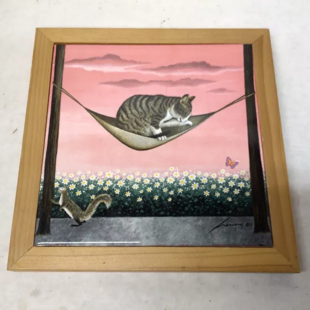 VTG Lowell Herrero Tile Trivet Cat Squirrel Hammock Framed Wall Art Vandor 1989