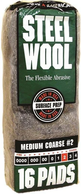 Homax 106605 Steel Wool Pad, #2 Grit, Medium, Gray, 16 Pads per Pack