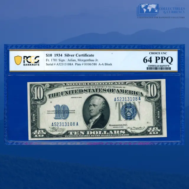 Fr.1701 1934 $10 Ten Dollars Silver Certificate Blue Seal, PCGS 64 PPQ #13108