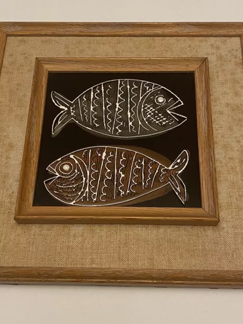 Harris G. Strong Cubist Hand Painted 6” Ceramic Tile MCM Art Framed FISH 41 A