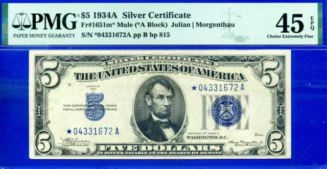 1934A $5 Silver Certificate PMG 45EPQ wanted rare blue seal mule star Fr 1651m*