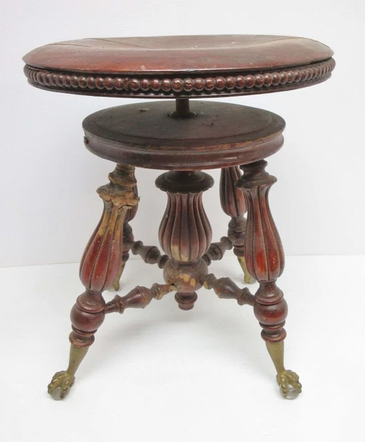 Antique WOOD PIANO STOOL Claw Foot Victorian - Glass Ball Feet, Turned Legs